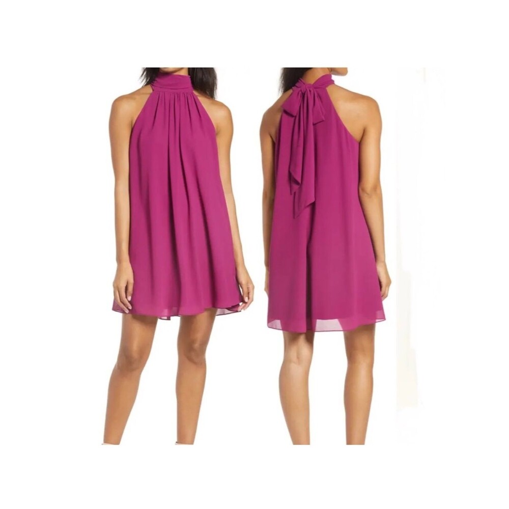 NWT Badgley Mischka Elise Halter Trapeze Dress Fuchsia SZ 6